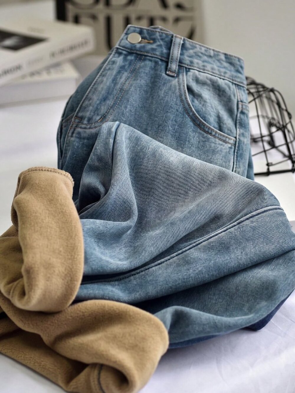 Medium Wash Casual Women's Loose Wide Leg Zip Fly Button Pocket Jeans